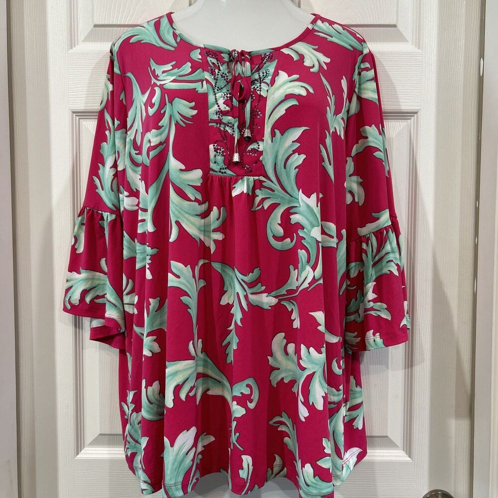Susan Graver Passport 3X Petite Resort Blouse Floral Pink Bell Sleeve Rhinestone